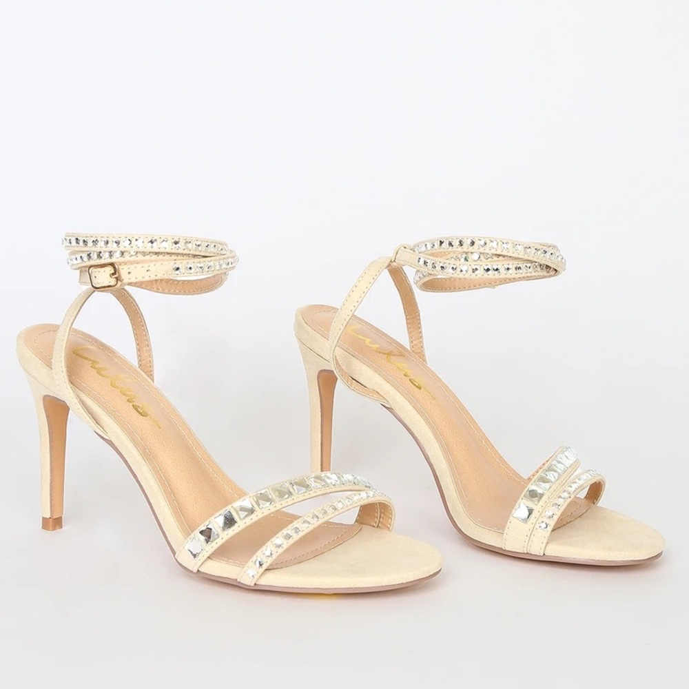 NEW LULUS Rennie Natural Suede rhinestone ankle strap high heel sandals